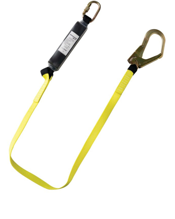 A single leg H100 fall arrest lanyard with a yellow polyester webbing and a metal carabiner.