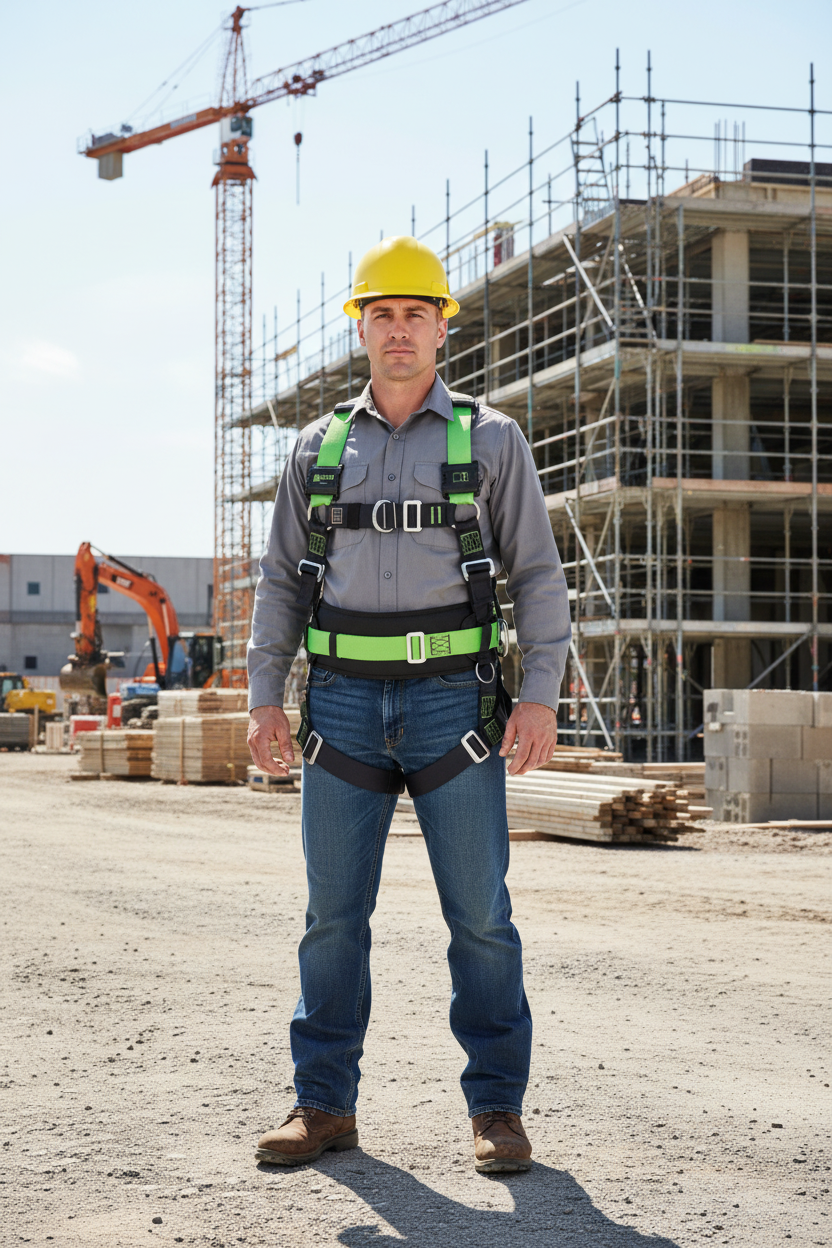 Miller H-Design BodyFit harness with a black waist belt, green adjustment straps, and black buckles. The harness has front and rear anchorage points.