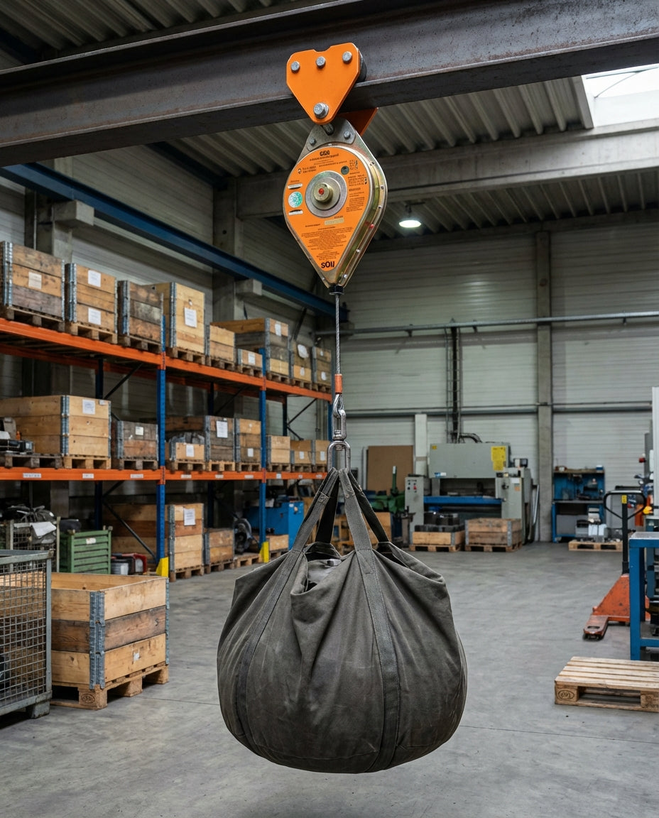 SOLL Load Arrester 10m fixed to steel beam holding a load in a warehouse setting