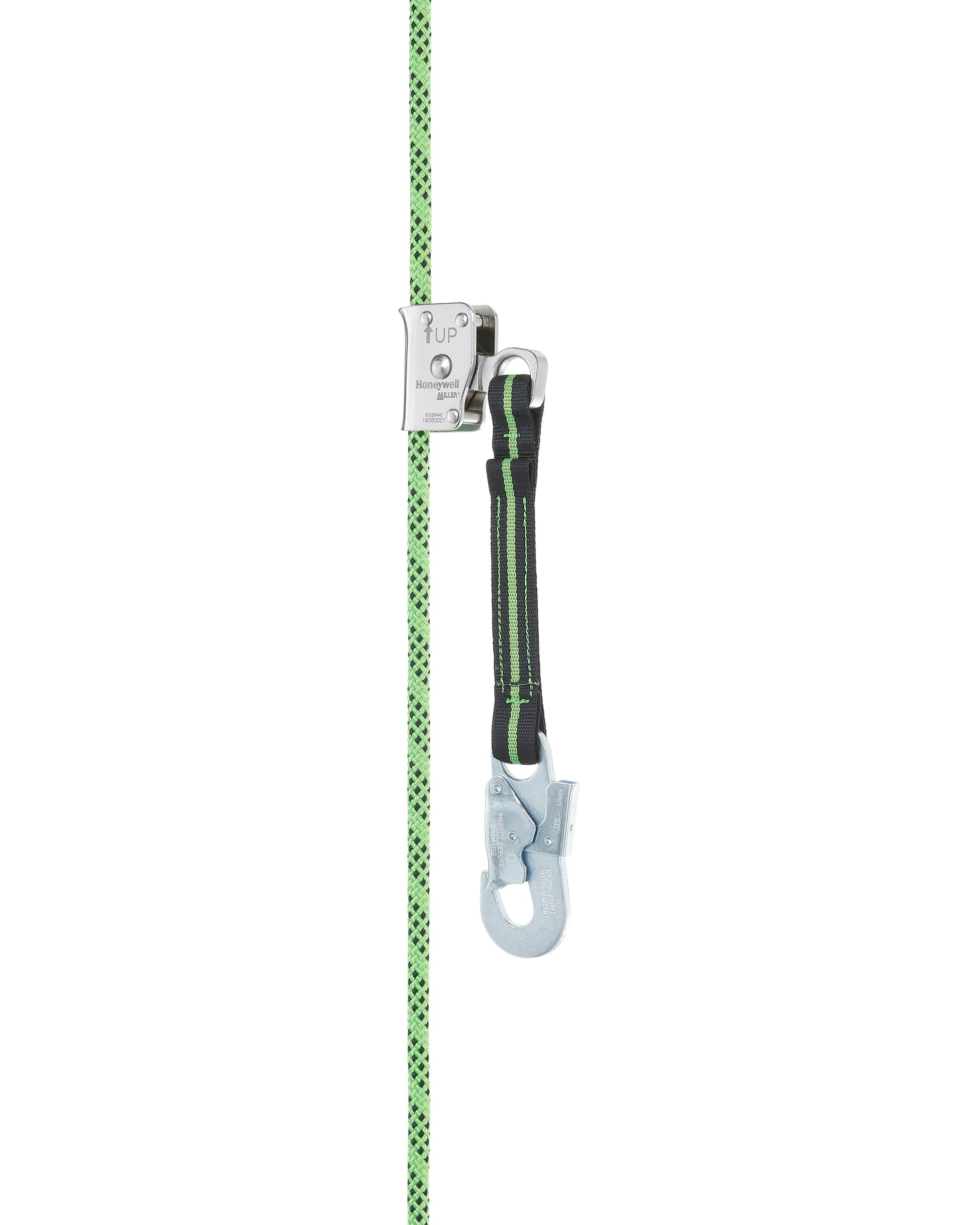 Miller RG300 Titan2 Rope Grab and Anchorage Line with a green and silver rope attached, designed for work positioning.