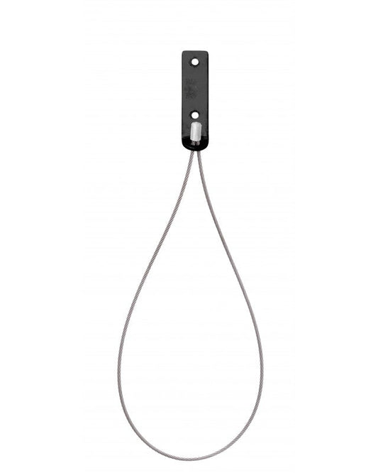 A simple anchorage point for permanent installation under a roof tile, featuring a stainless steel cable and a galvanised steel fixing plate.