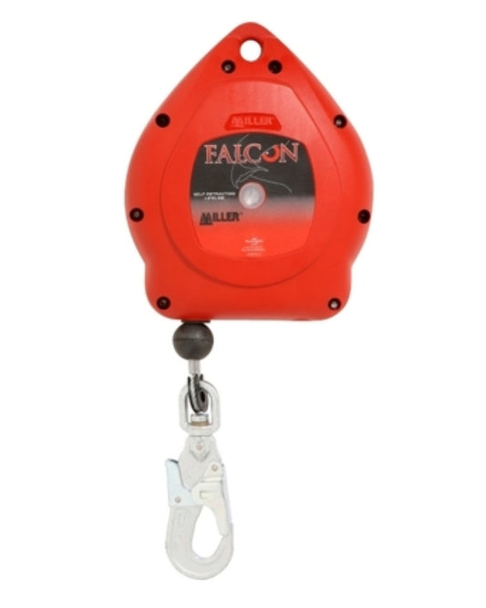 A red Miller Falcon ECO self-retracting lifeline with a double action hook and a metal cable.