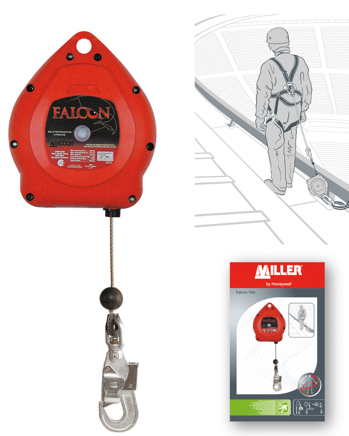 A red Miller Falcon self-retracting lifeline fall arrestor with a gray steel cable and a double action hook, displayed next to its packaging.