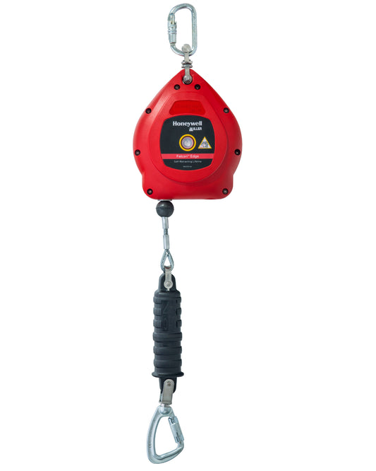 A red Miller Falcon EDGE Fall Arrest Block with a gray handle and metal connectors, designed for use in height safety applications.