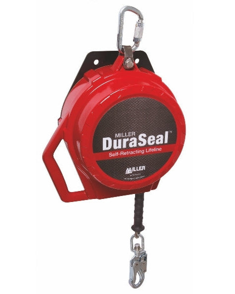 A red Miller DuraSeal self-retracting safety line with a stainless steel wire, featuring a brake mechanism and a metal hook at the end.