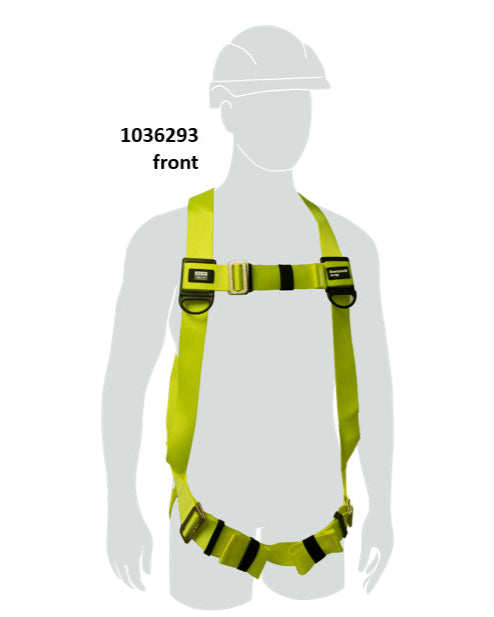 A front view of a person wearing a Miller H100 series single point harness, which is yellow with black adjustment straps and buckles.