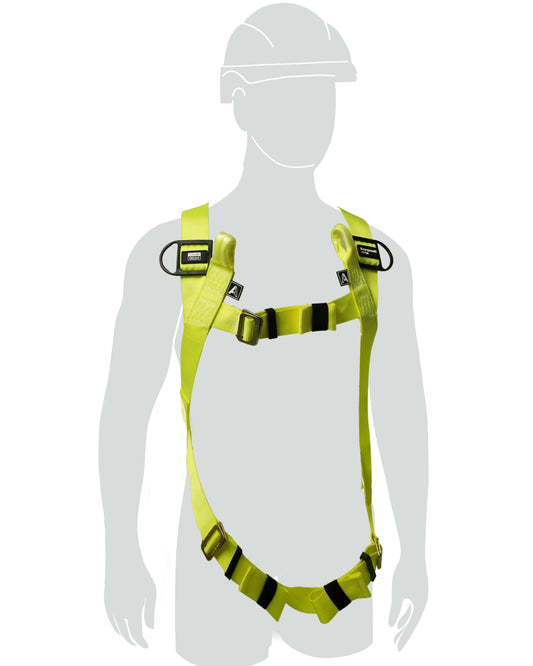 A basic 2 point harness, typically used for work safety at height, displayed on a mannequin. The harness is colored in yellow and green with visible adjustable straps and D-rings.