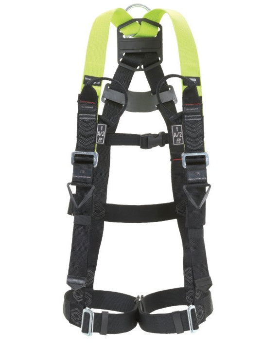 A black and green two-point safety harness with D-rings and standard buckles, featuring side adjustment straps and a central buckle.