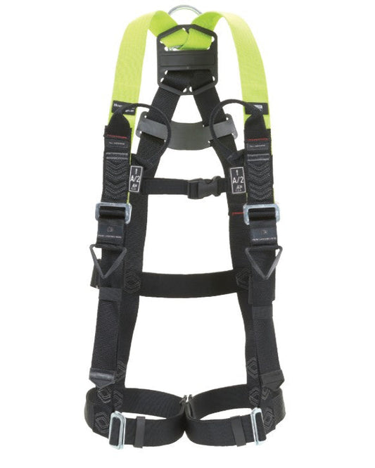 A black and green two-point safety harness with D-rings and standard buckles, featuring side adjustment straps and a central buckle.
