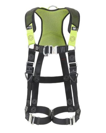 A green and black MILLER H500 two-point safety harness with D rings and quick connect buckles.