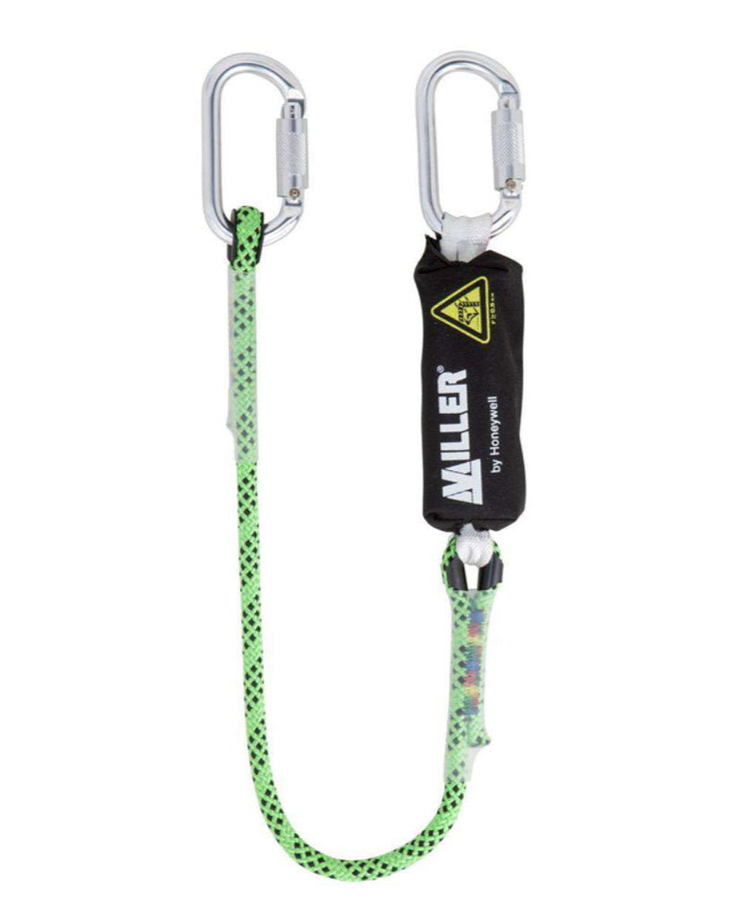 A green Kernmantle rope lanyard with a black label that has the brand 'Miller' and the word 'Edge Tested' on it, featuring two 17mm opening screwgate karabiners.  Miller Edge Tested Lanyard