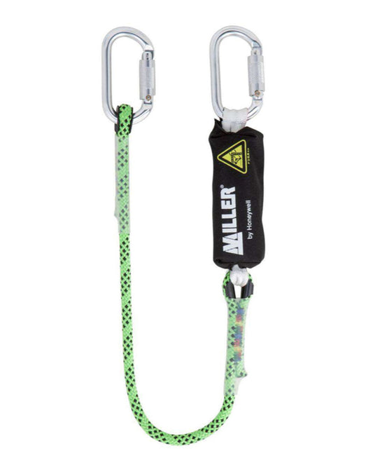 A green Kernmantle rope lanyard with a black label that has the brand 'Miller' and the word 'Edge Tested' on it, featuring two 17mm opening screwgate karabiners.  Miller Edge Tested Lanyard
