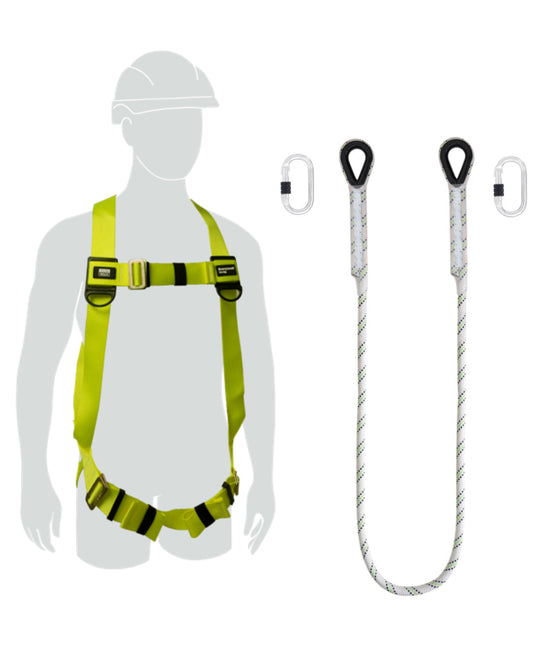MEWP Height Safety Kit illustration showing a yellow safety harness with adjustable straps and a rear dorsal anchor point, along with a restraint lanyard with two steel screw lock karabiners.