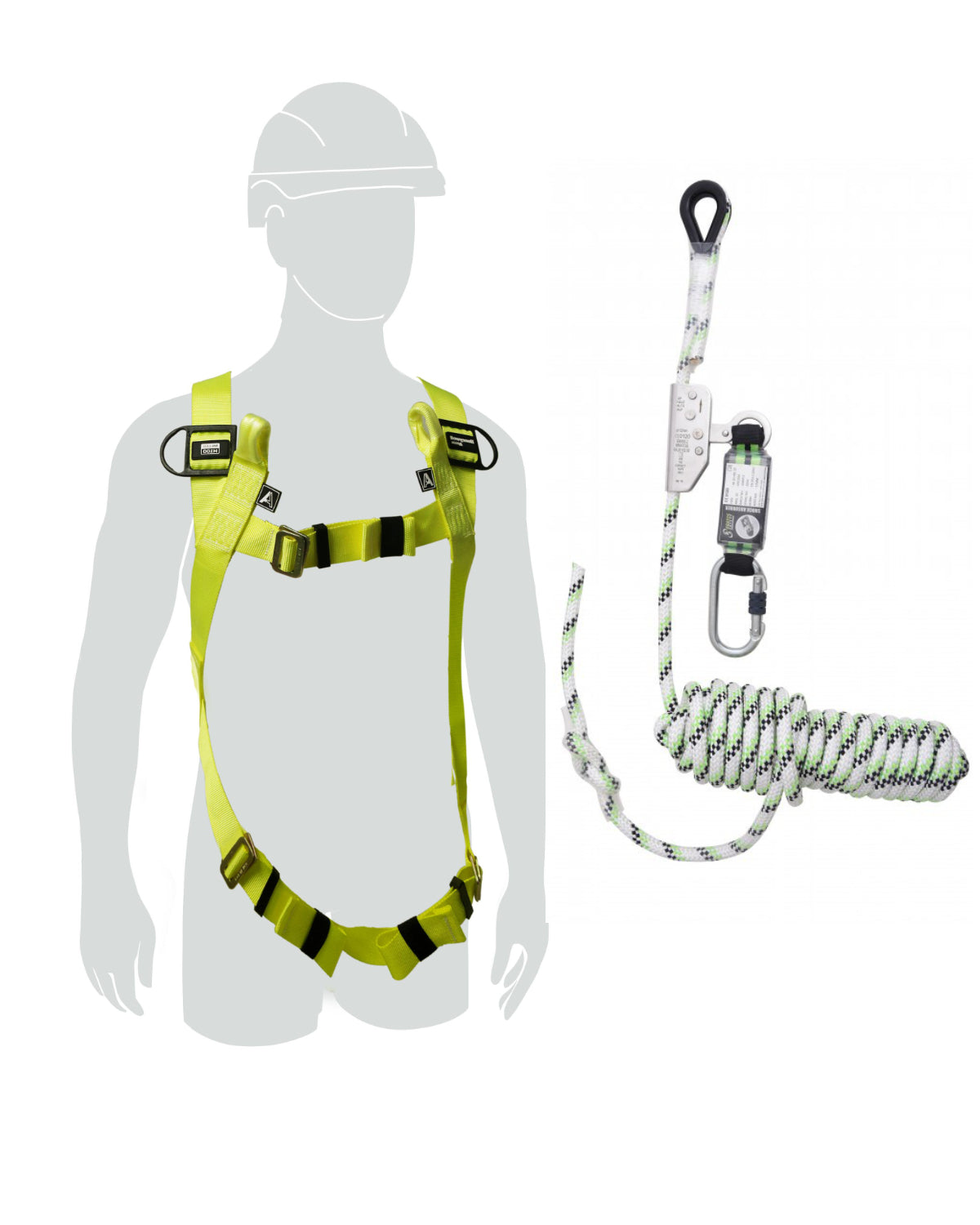 A Roofer's Height Safety Fall Arrest Kit which includes a yellow and black 2-Point Harness with adjustable straps and a white energy absorbing rope with attached karabiners.