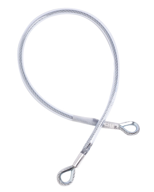A 1 meter long silver steel anchorage sling with eye hooks at each end for attaching to structures for fall protection.
