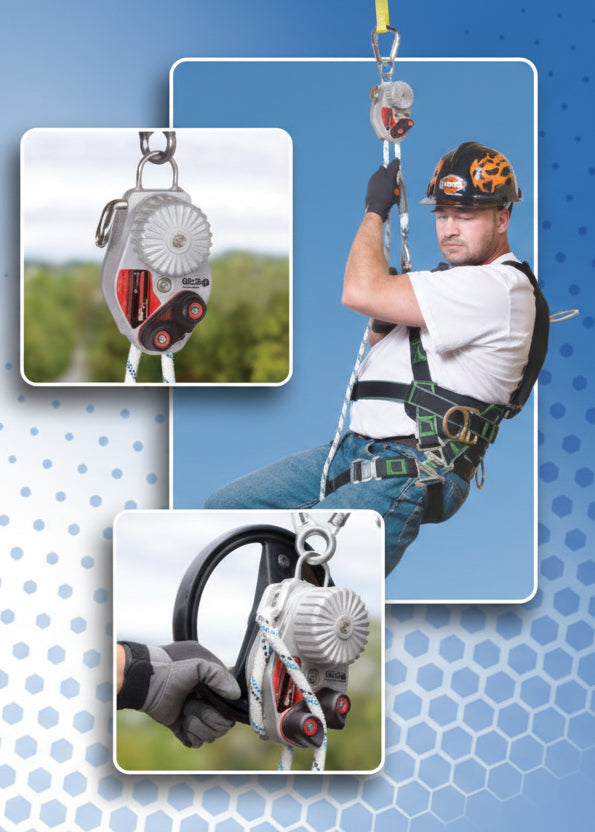 Person wearing a safety harness using a SafEscape controlled rope descender device with a metal wheel