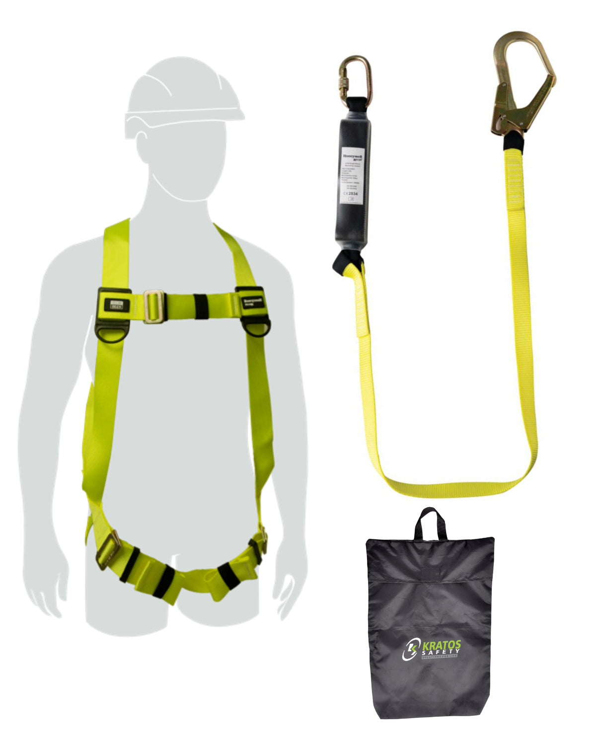 A height safety kit including a full body safety harness with yellow straps, a yellow energy-absorbing lanyard with a karabiner, a black scafhook, and a small grey carry kit bag. Scaffolder's Height Safety Kit